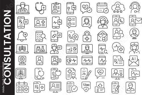 Telemedicine and Online Doctor Consultation Line Icon Set