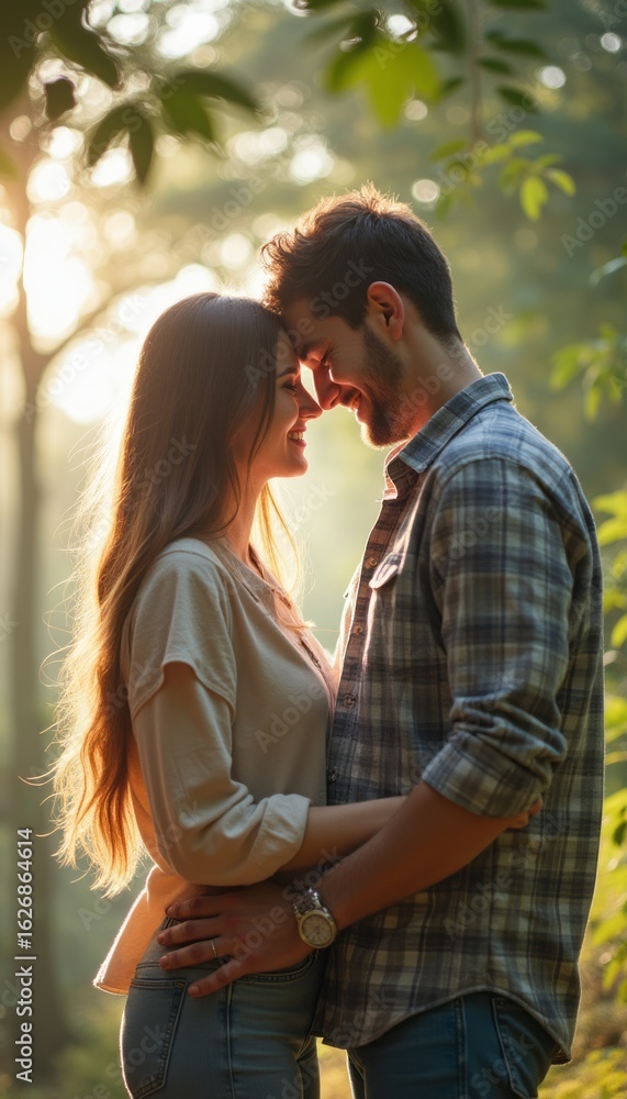 Fototapeta premium Romantic couple sharing a tender moment in a sunlit forest