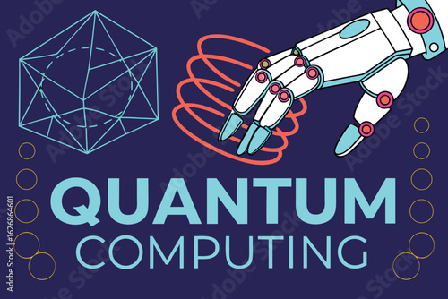 Vector art of quantum computing concept with robot hand and geometric shape on a dark blue background, futuristic technology