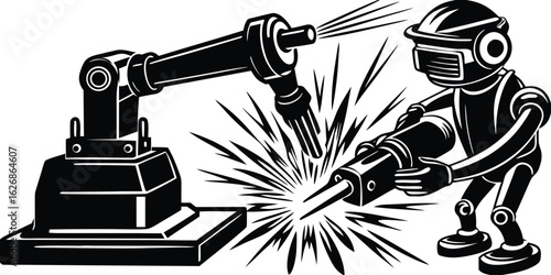 Black and white illustration of robot welding with robotic arm and humanoid robot industrial concept