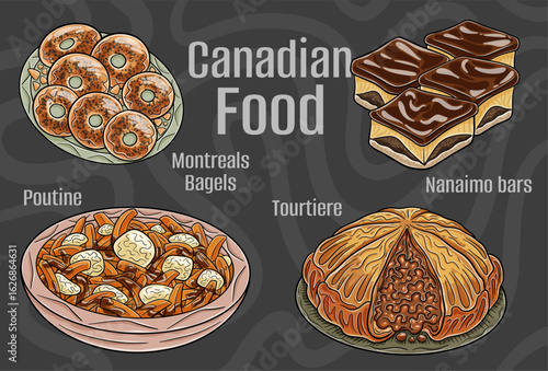 Popular Canadian Traditional Cuisine Set. Hand-drawn vector illustration on a dark background.