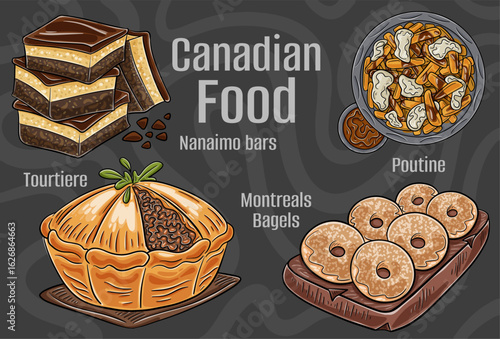 Popular Canadian Traditional Cuisine Set. Hand-drawn vector illustration on a dark background.