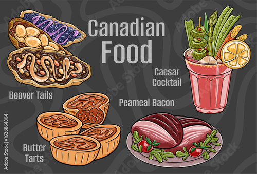 Popular Canadian Traditional Cuisine Set. Hand-drawn vector illustration on a dark background.