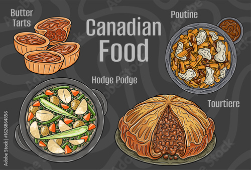 Popular Canadian Traditional Cuisine Set. Hand-drawn vector illustration on a dark background.