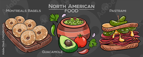 Popular North American Foods Set. Hand-drawn vector illustration on a dark background.