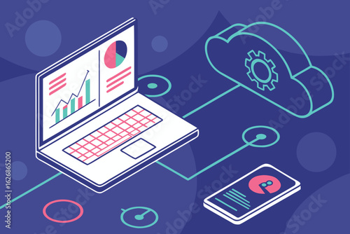 Vector art of isometric illustration of laptop, cloud, and phone connected by data lines for business analysis