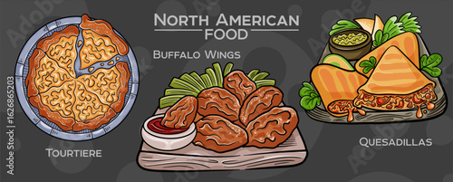 Popular North American Foods Set. Hand-drawn vector illustration on a dark background.