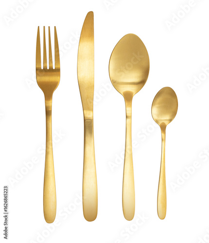 Panel kuchenny z motywem Golden cutlery set with fork, knife and spoons on transparent background