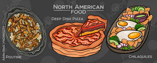 Popular North American Foods Set. Hand-drawn vector illustration on a dark background.