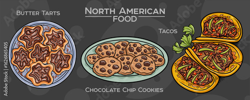Popular North American Foods Set. Hand-drawn vector illustration on a dark background.