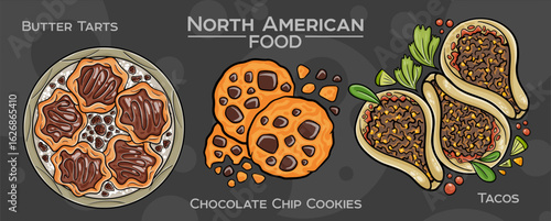 Popular North American Foods Set. Hand-drawn vector illustration on a dark background.