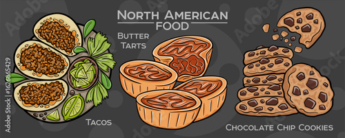 Popular North American Foods Set. Hand-drawn vector illustration on a dark background.