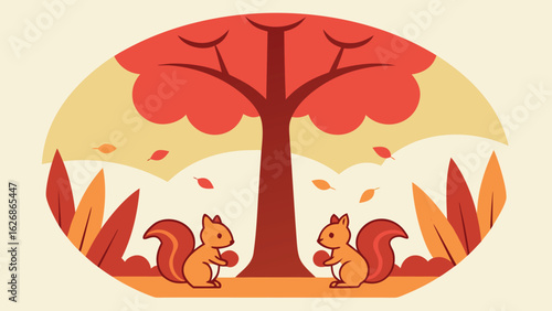 Pair of Squirrels Gathering Nuts at the Base of a Tree.