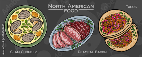 Popular North American Foods Set. Hand-drawn vector illustration on a dark background.