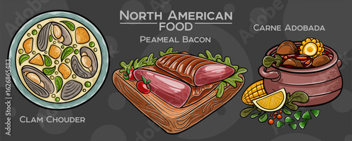 Popular North American Foods Set. Hand-drawn vector illustration on a dark background.