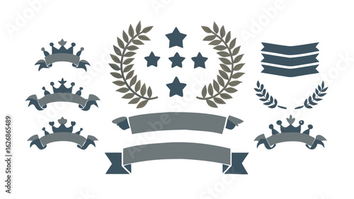 Crowns laurels stars ribbons vector elements graphic design decorative set art