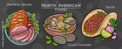 Popular North American Foods Set. Hand-drawn vector illustration on a dark background.