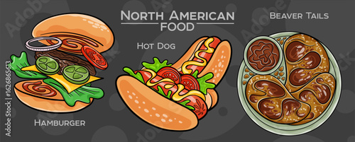 Popular North American Foods Set. Hand-drawn vector illustration on a dark background.