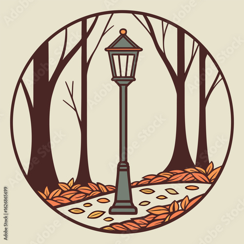 Old Cast Iron Lamp Post on a Tree-Lined Park Path.
