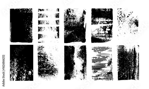 Relief printing linocut vector with grunge rectangle shapes, distressed rough spotted textures, paint roller ink stains, wide stripes, aged lino artistic backgrounds, textured frames, overlay