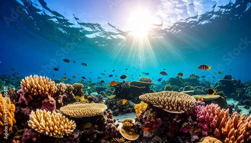 Underwater coral reef ecosystem, vibrant fish, gentle currents, clear blue water