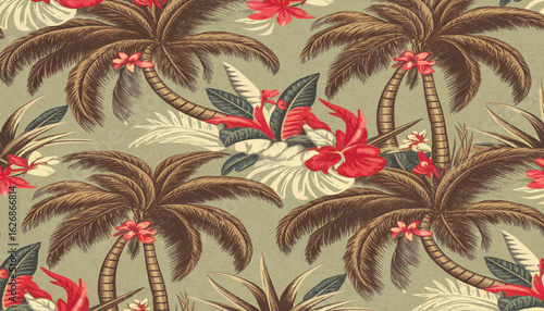 Tropical seamless pattern with hand drawn palm trees. Hawaiian florals summer background for fabric, textiles, clothing, cover, decoration, banner