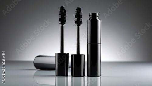 Voluminous mascara brush with rich black product, ready for application