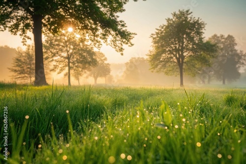 Golden sunrise illuminates a misty meadow with dewcovered grass and trees