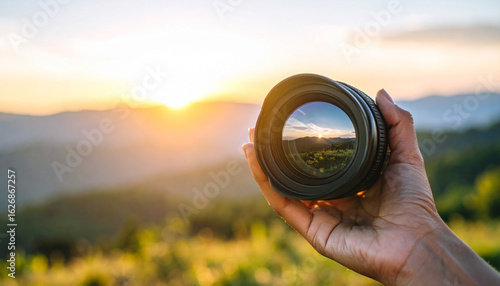 World Photography Day A vintage camera lens reflecting a beautiful landscape