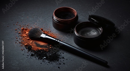 Elegance in Beauty: A striking, close-up display showcases the essence of beauty, featuring a professional makeup brush amidst scattered powders. The image captures the artistry, texture.