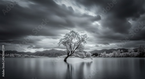 Fototapeta Naklejka Na Ścianę i Meble -  Wanaka Tree Under Moody Sky: The lone, iconic Wanaka Tree stands gracefully in the serene waters, framed by a dramatic, monochrome sky, creating a captivating scene of natural beauty and tranquility.