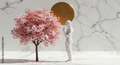 Serene Encounter: A metallic figure reverently bows before a blossoming cherry tree, set against a backdrop of marble and a golden sun.