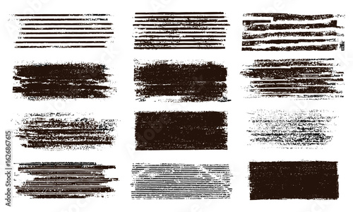Linocut textured backgrounds featuring wide stripes, small rectangles, and grunge paint roller stains. Relief printing with lino ink and geometric text box designs, artistic handmade print textures