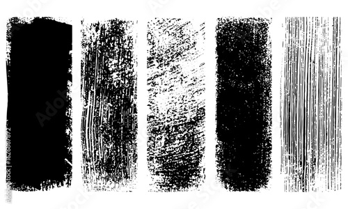 Grunge linocut vector set with rough textures, small rectangle shapes, wide stripes, and paint roller stains. Artistic lino ink relief printing backgrounds with geometric text boxes