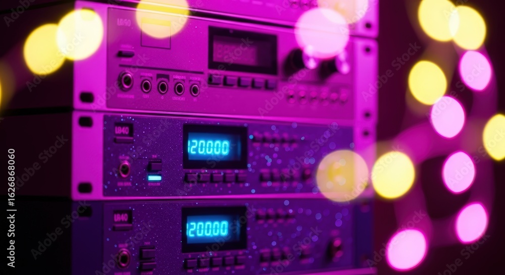 Closeup of audio equipment rack with glowing lights and bokeh effect Closeup of audio equipment rack with glowing lights and bokeh effect