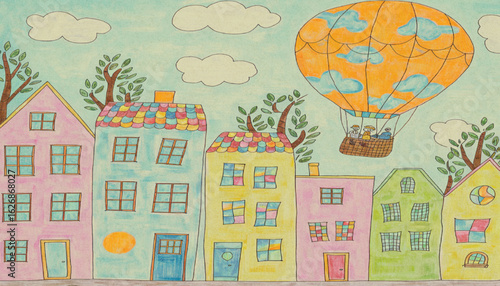 colorful drawing of houses and a hot air balloon against a bright sky.
