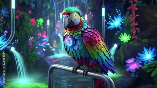 Vibrant techno-parrot perches in a bioluminescent jungle with glowing flora and cascading water features, a surreal animated scene.