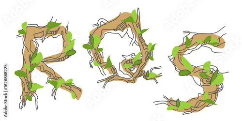 Initial letter. Decorative font from tree roots. Environmental design. Nature typography. Spring mood. A tree that is shedding leaves	