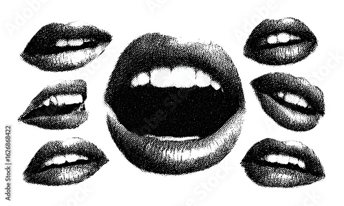 Monochrome scream lips and mouth with brutalist halftone texture, punk y2k collage elements. Vector illustration for vintage retro music poster with grainy photocopy effect, noisy art style