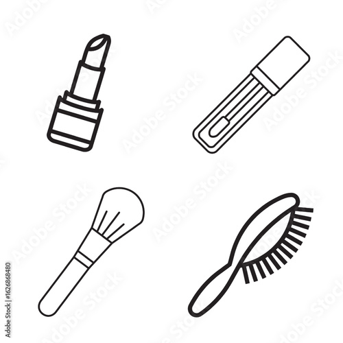 Beauty and cosmetic product set. Including lipstick, mascara, makeup brushes, and hairbrushes. Illustration vector