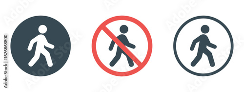 Set of Pedestrian Icons Depicting Walking, Prohibition, and Accessibility, Representing Public Safety and Regulations