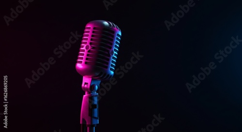 Vintage Microphone with Neon Glow: An evocative image of a classic microphone bathed in the captivating embrace of neon light. capturing the essence of vintage charm and artistic flair.