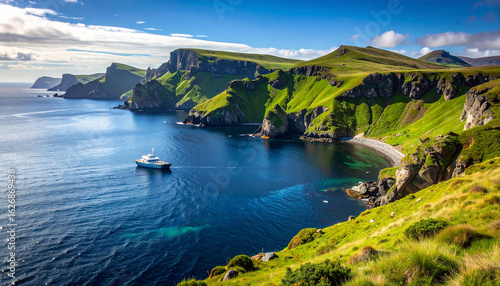 Silence of the Strait of Magellan, icy blue waters gently curving between untouched green cliffs