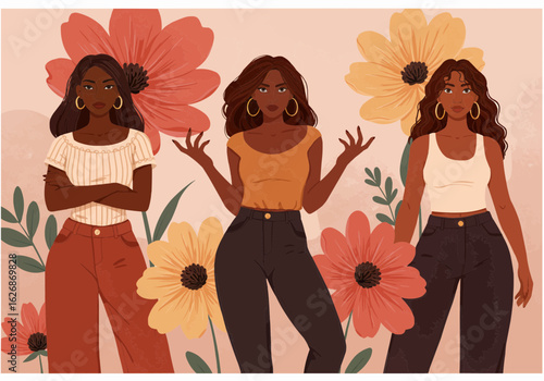 Three stylish Black women pose amidst large blooming flowers, showcasing diverse attitudes and fashion.