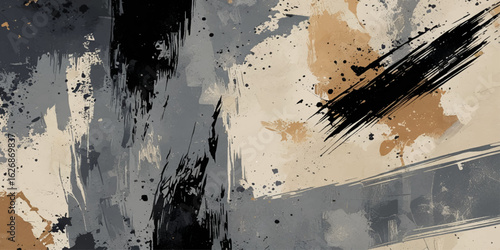 Abstract Patterns of white paint from a brush on a black texture and Dynamic brush strokes and a spacious central area, evoking creativity and depth. 