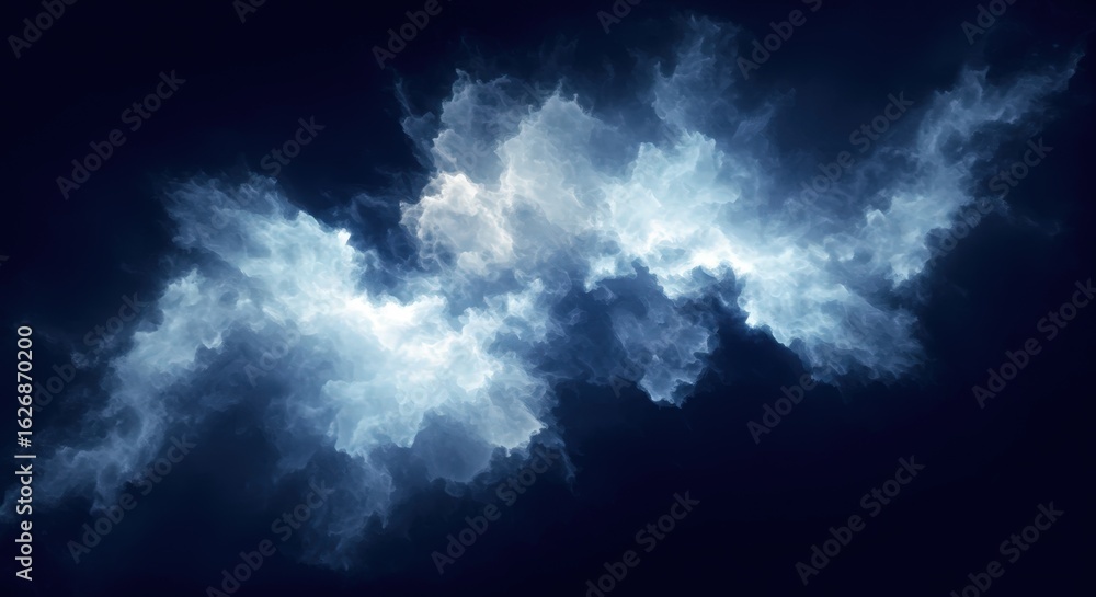 Obraz premium Dramatic abstract cloud formation illuminated by bright light against a dark blue night sky