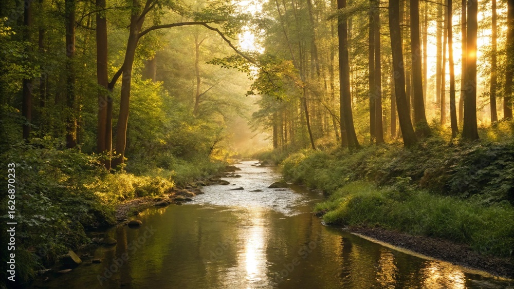 Obraz premium An enchanting forest scene with a winding river reflecting the dappled sunlight filtering through tall, verdant trees, evoking a sense of calm and untouched natural beauty.