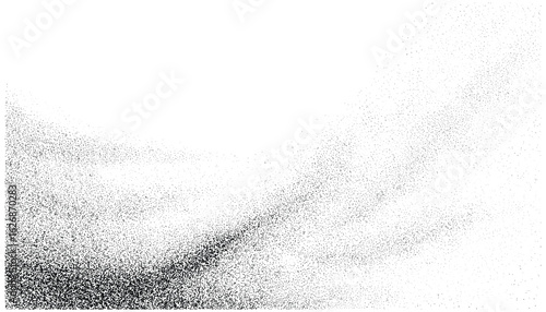 Flowing gradient grain background with monochrome stipple dots and halftone texture. Retro grunge noise effect combined with spray dust overlays on vector surface. Smooth, minimalistic
