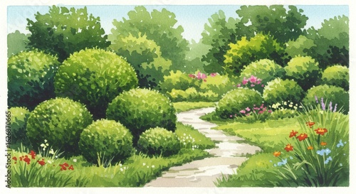 Pathways to Paradise: A meticulously maintained garden, awash in vibrant greens and bursting with floral charm, invites you to wander along a winding pathway, a visual symphony of nature's artistry.