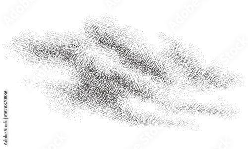 Compact monochrome stippled cloud shape with pixel grain and bitmap dots. Grunge 8-bit dither texture mimics digital static and organic fog. Vector illustration, retro halftone, noise pattern